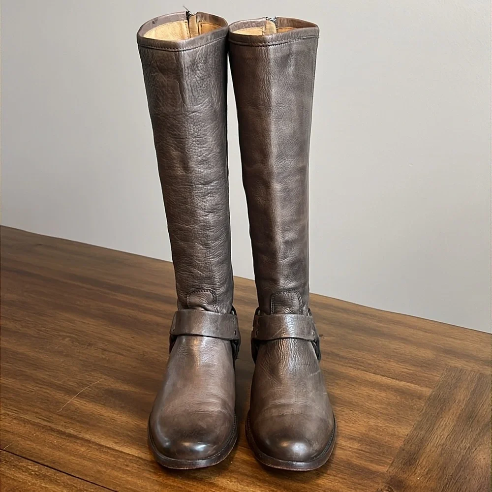 Frye Phillip Harness Tall Leather Riding Boots Gray 3476849 Womens Size 8.5 B - Picture 4 of 16